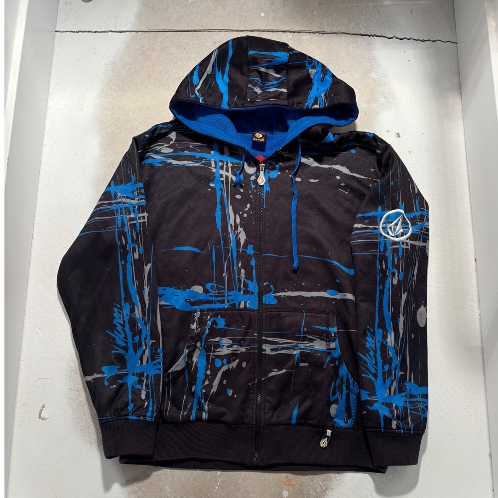 Volcom Mens Full Zip Hoodie Black Blue Paint Splatter Graphic Skate Sweatshirt